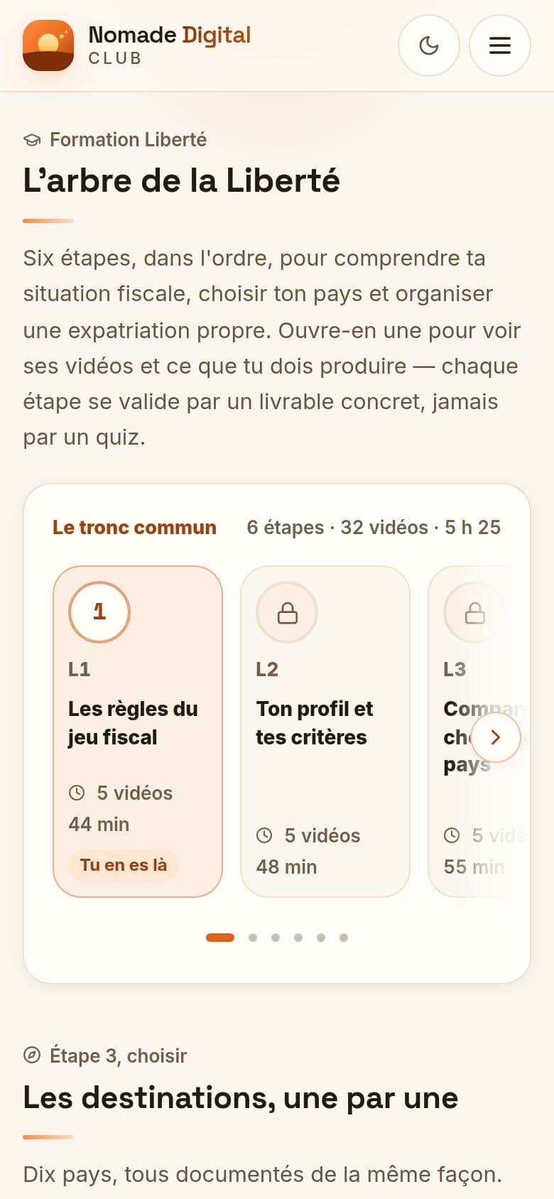 L'arbre de la Liberté : les six étapes du tronc commun de l'expatriation, puis la grille des destinations — version téléphone