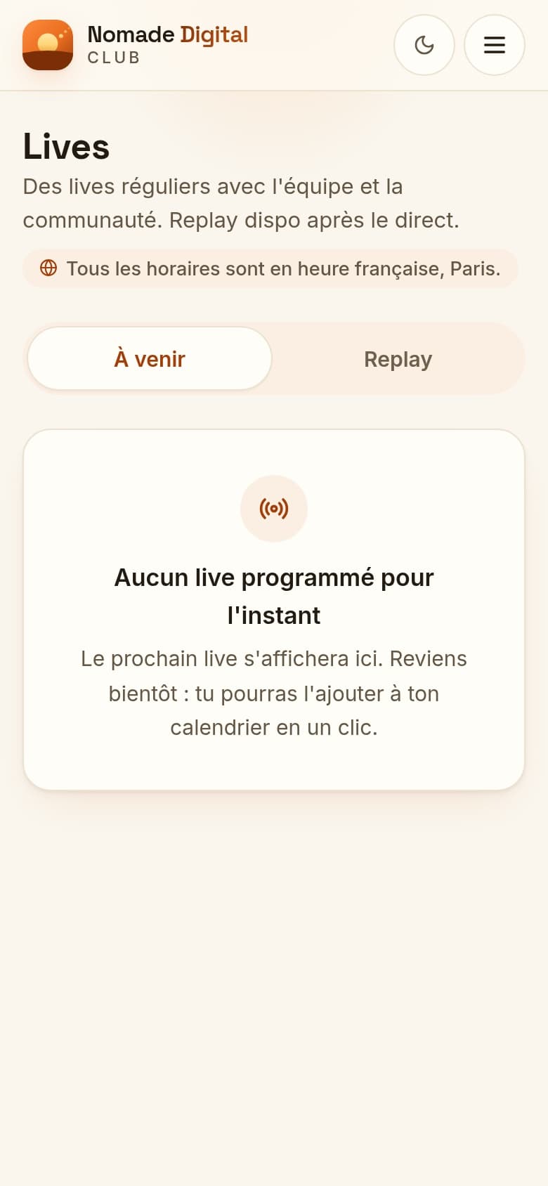 L'onglet Lives : les prochains lives avec leur date, le compte à rebours, le bouton pour rejoindre, et les replays — version téléphone