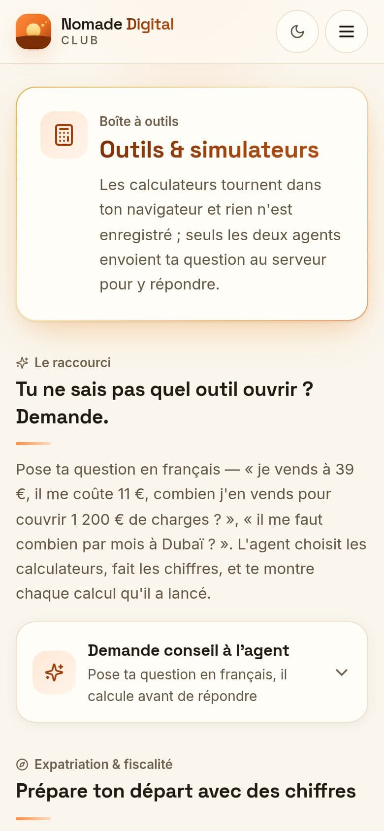 Les outils : le comparateur de pays, le simulateur de statut en France, le coût de la vie, le conseil publicitaire — version téléphone