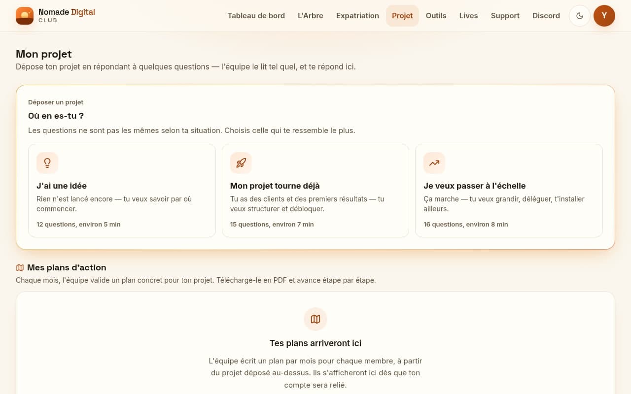 L'écran Mon projet : le dépôt du projet selon son parcours, la fiche, les étapes et les plans d'action