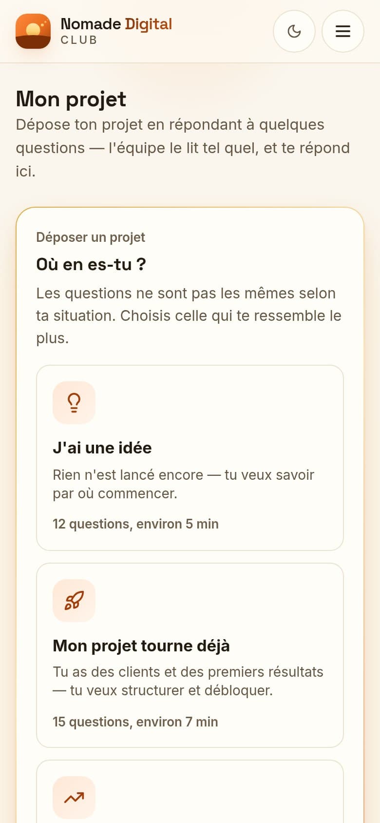 L'écran Mon projet : le dépôt du projet selon son parcours, la fiche, les étapes et les plans d'action — version téléphone