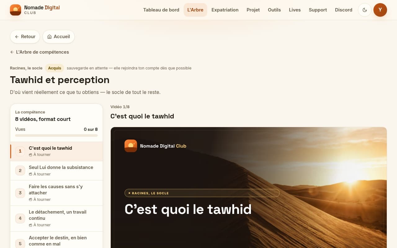La salle de cours d'une compétence : le sommaire des vidéos à gauche, la vidéo à droite, la fiche de révision et l'action en bas