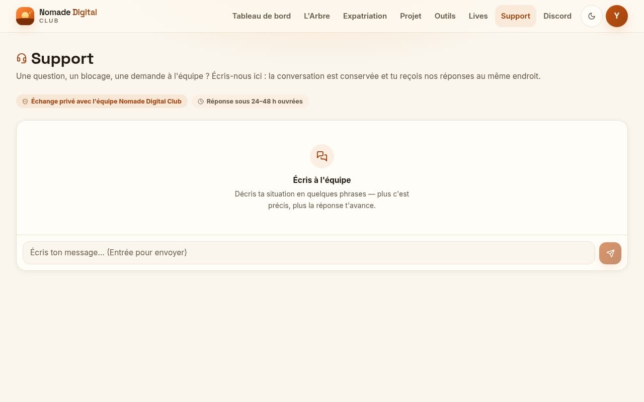 Le support : la conversation d'un membre avec l'équipe, les réponses reçues, et le lien vers l'appel