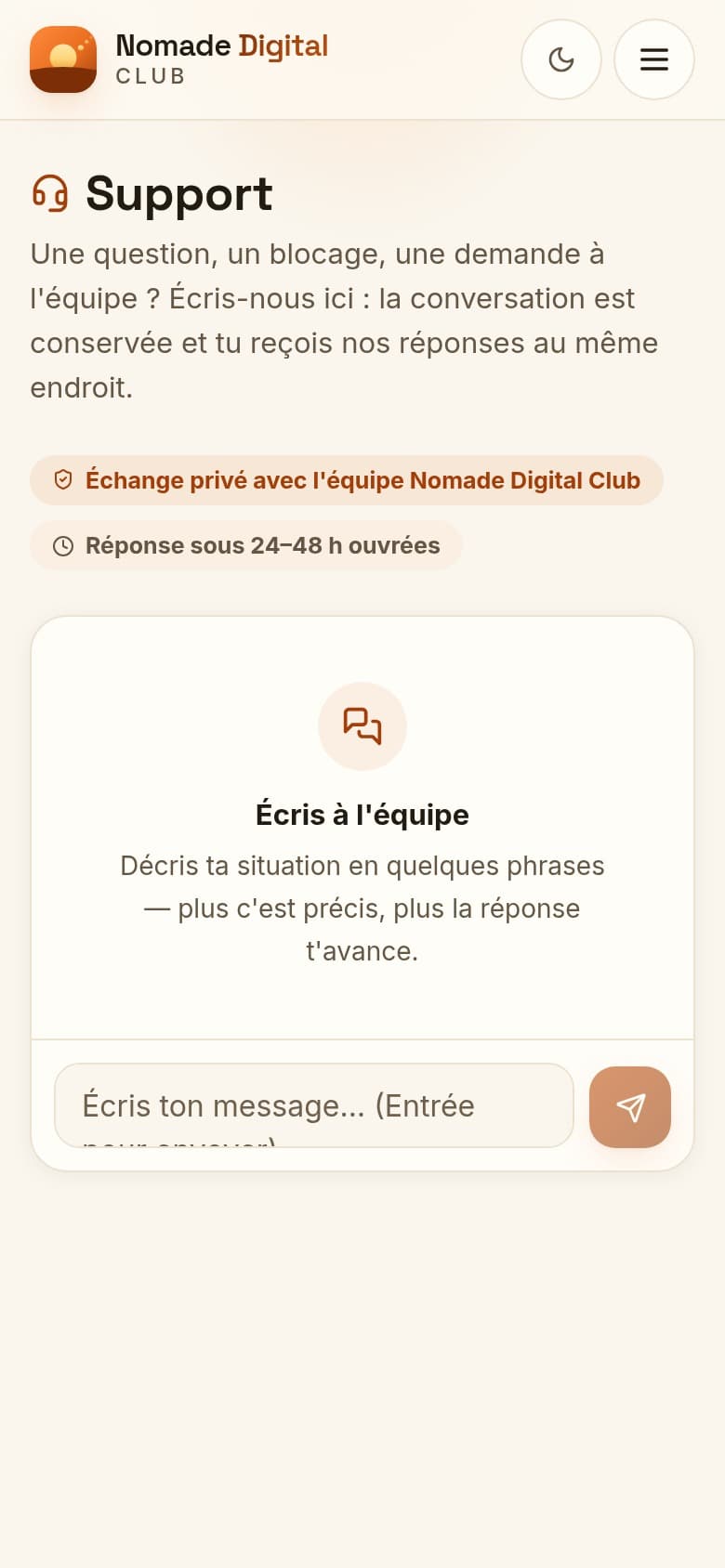 Le support : la conversation d'un membre avec l'équipe, les réponses reçues, et le lien vers l'appel — version téléphone