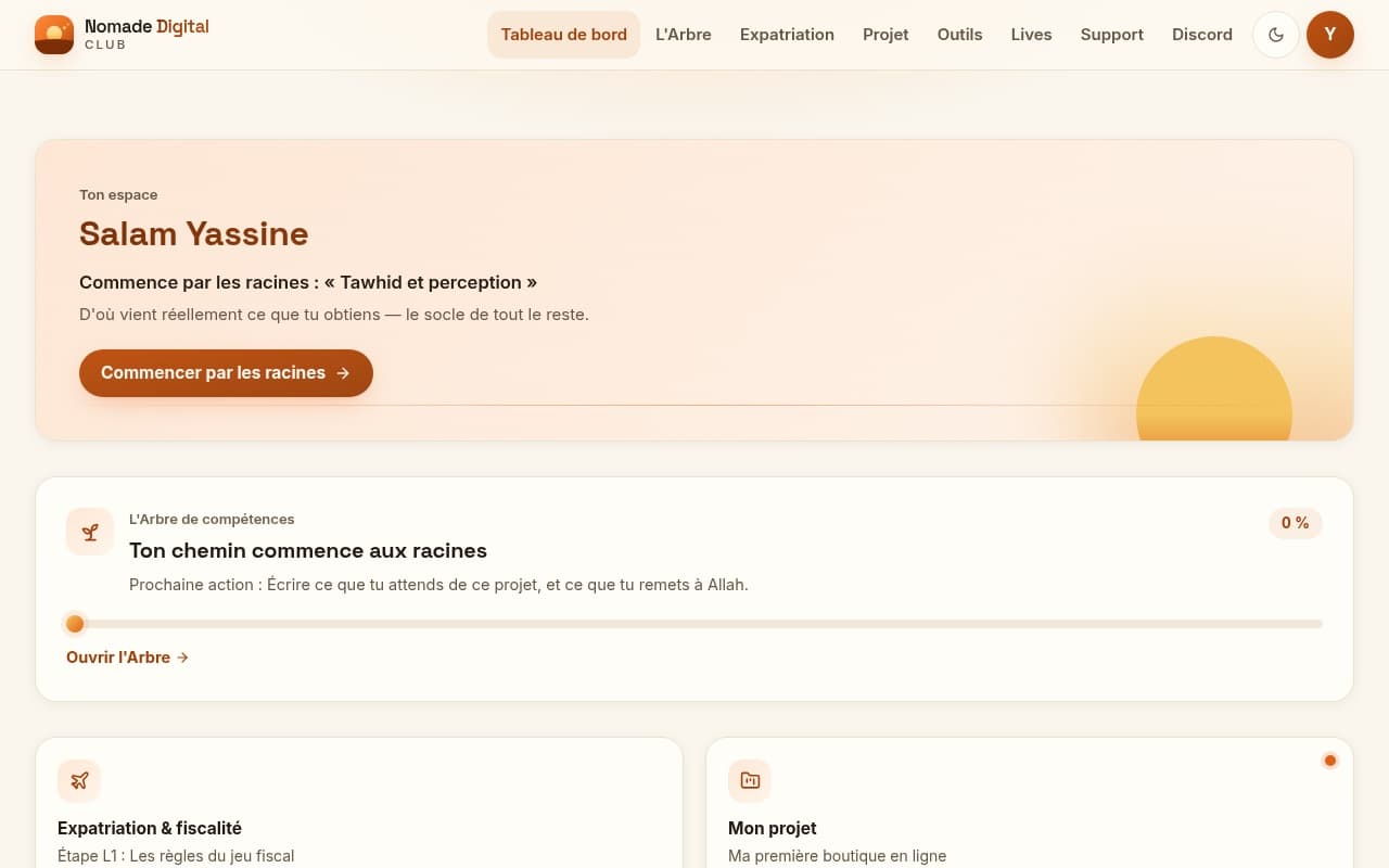 Le tableau de bord d'un membre : la prochaine étape, la progression, les raccourcis vers l'Arbre, l'expatriation, le projet et les outils