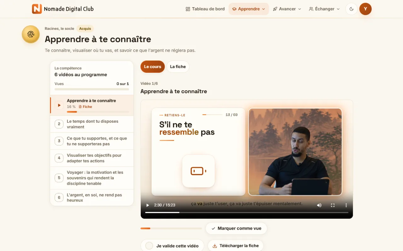 Une salle de cours sur ordinateur, « Apprendre à te connaître » : la liste des leçons, les onglets « Le cours » et « La fiche », et la vidéo de la leçon.